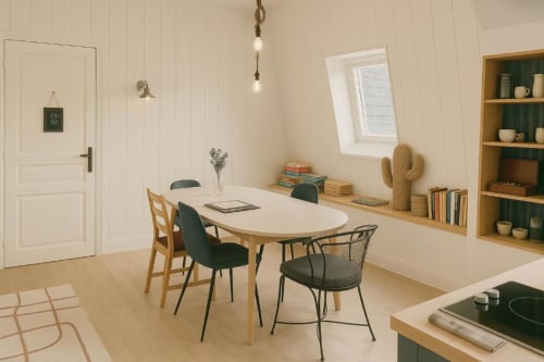 Salle à manger moderne de la suite Gabriel à Maunoury Citybreak, Chartres, avec table en bois et chaises vertes