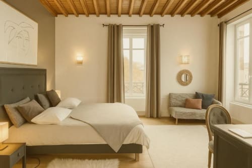 Chambre lumineuse de la suite Gabriel à Maunoury Citybreak, Chartres, avec lit, canapé, poutres en bois et vue sur le jardin