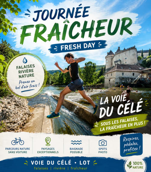 Fresh Day promotional poster for Falaises Rivière Nature near Saint-Cirq-Lapopie featuring outdoor activities and medieval