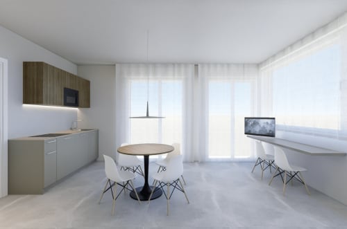 Suite junior Modern Holiday Suites in Italia con balcone, angolino cottura, tavolo rotondo, sedie bianche e finestre panoramiche