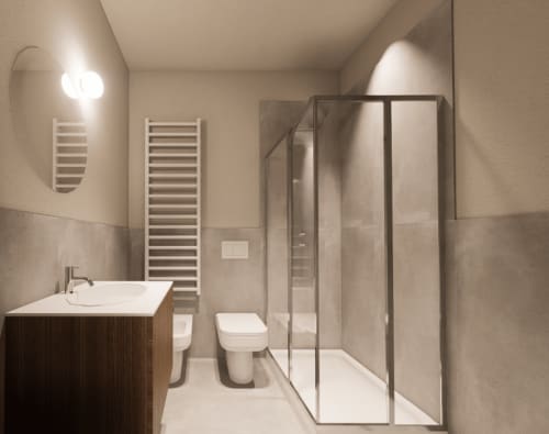 Bagno moderno nella Junior Suite Balcone Holiday Suites con lavabo, WC, scaldasalviette e cabina doccia in vetro