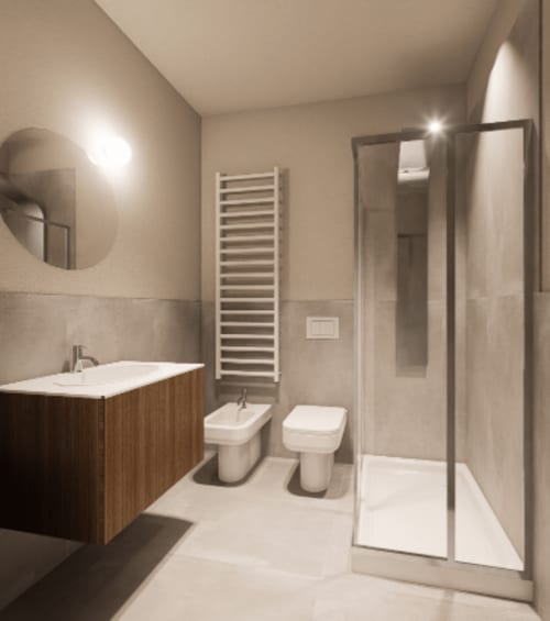 Bagno moderno nella Junior Balcony Suite di Holiday Suites con vanità, WC, bidet, doccia, scaldaravaglioli e specchio rotondo