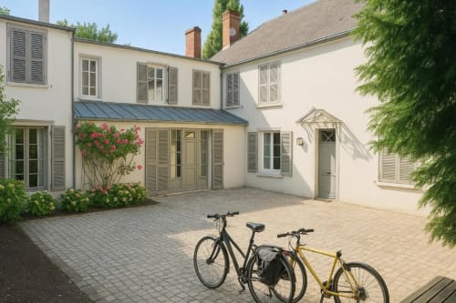 Cour de villa française aux murs crème, deux vélos garés sur la terrasse, fleurs roses en fleur et lierre vert