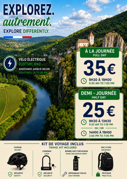 Electric bike rental pricing at Saint-Cirq-Lapopie: full day €35, half day €25, includes helmet and repair kit