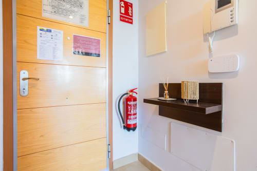 Entrada de apartamento con puerta de madera, extintor rojo, termostato y estante oscuro con elementos decorativos en Haus Holiday