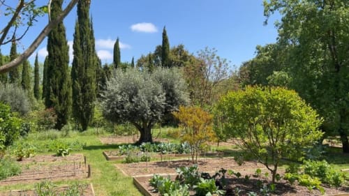 Jardim da Quinta da Mata de Baixo com canteiros de hortaliças, oliveiras, ciprestes e paisagem verdejante em Cagida