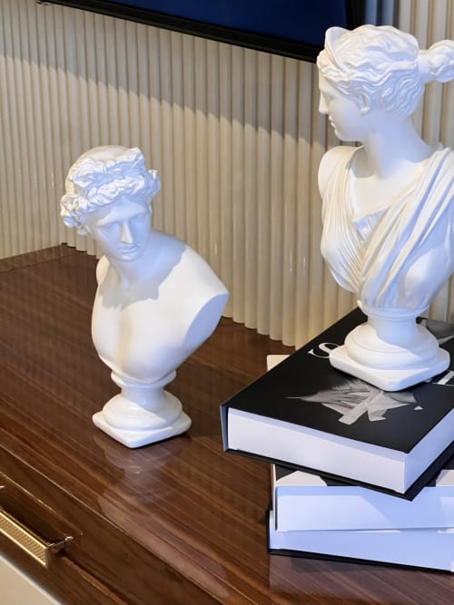 Bustos clássicos brancos e livros sobre mesa de madeira no estúdio Douro Tower da Timeless Vacations, Arcozelo