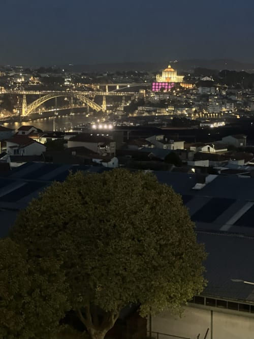 Vista noturna do Rio Douro, ponte iluminada e paisagem urbana do Porto a partir do estúdio Arcozelo