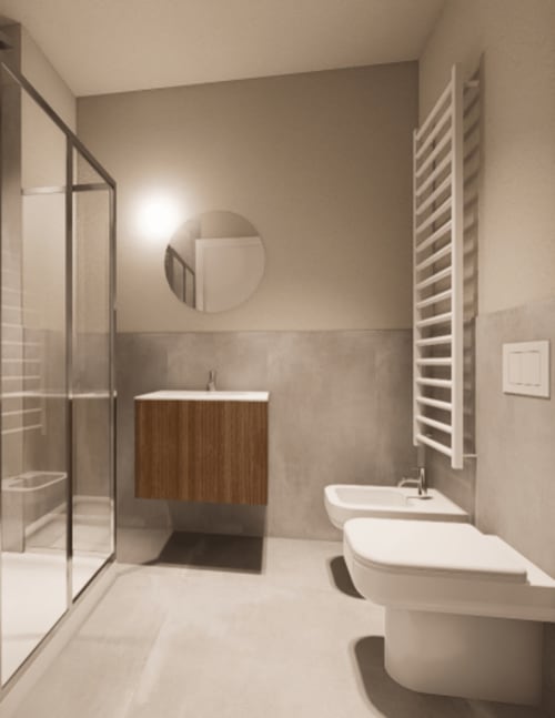 Bagno moderno della suite City di Holiday Suites con doppio lavabo, doccia walk-in, scaldasalviette e tonalità neutre