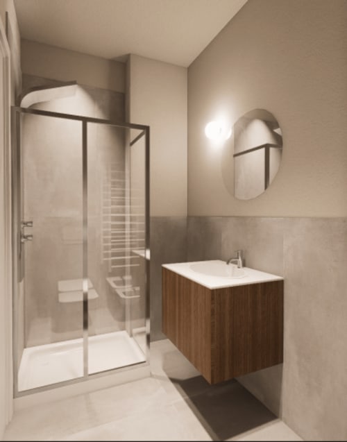 Bagno moderno nella suite Holiday Suites City con doccia walk-in, vanità in legno e specchio ovale