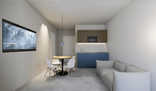 Suite Balcone Modern Holiday con zona living, angolo cottura, tavolo da pranzo, divano e TV a parete