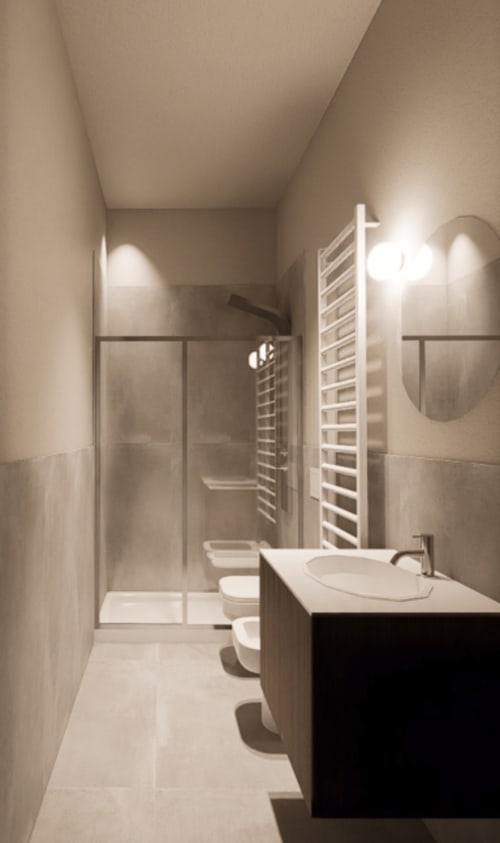Moderno bagno Holiday Suites con lavabo, WC, doccia walk-in, scaldasalviette e specchio ovale