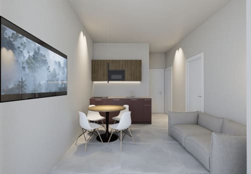 Suite moderna con 2 camere, soggiorno, tavolo da pranzo, angolo cottura, divano, TV a muro e design contemporaneo