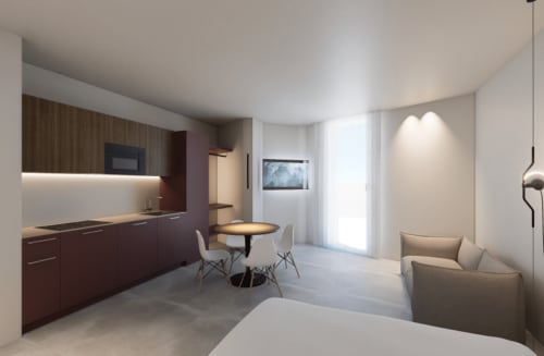 Junior Suite moderna con cucina open space, zona pranzo e living room in tonalità neutre