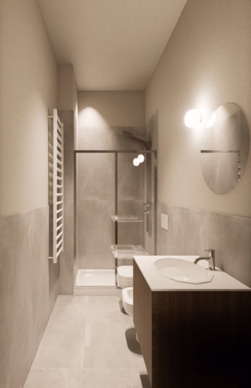 Moderno bagno della Junior Suite di Holiday Suites con lavabo, toilette, cabina doccia, scaldasalviette e vasca ovale