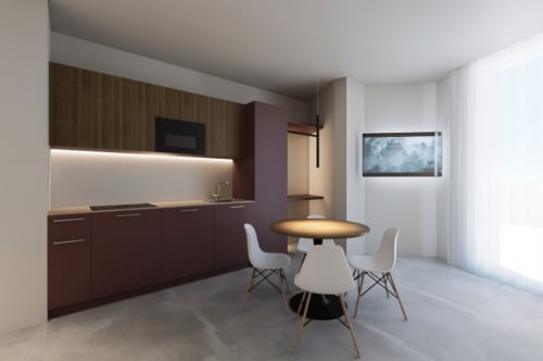 Junior Suite moderna con cucina in legno scuro, tavolo da pranzo rotondo, sedie bianche e design contemporaneo