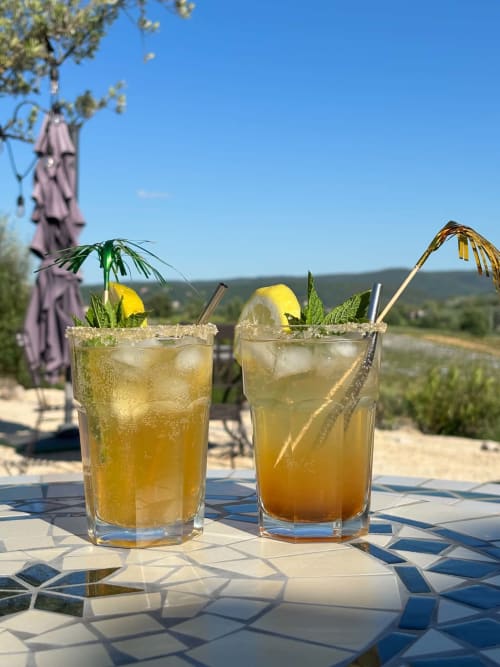 Deux cocktails rafraîchissants au citron et à la menthe à L'Arbre Qui Chante, avec vue sur la campagne de Saint Sauveur de Cruzières