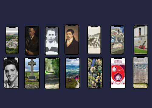 Madeline's Accommodation mobile screens showcasing Wicklow landmarks, historic portraits, and Irish countryside views
