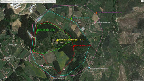 Mapa aéreo da propriedade Quinta da Mata de Baixo em Cagida, Portugal, com limites marcados e pontos de referência próximos.