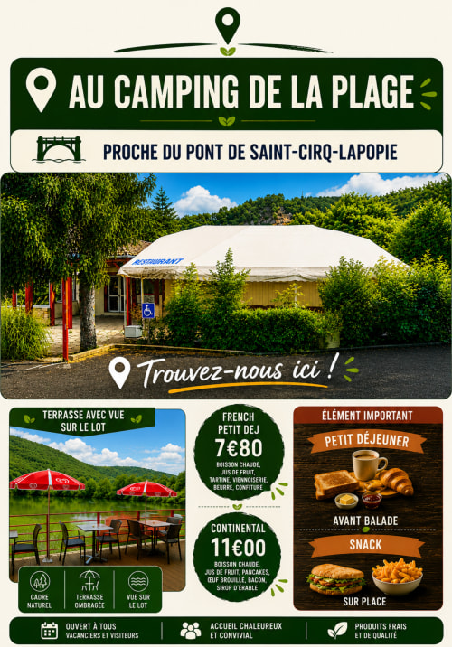 Au Camping de la Plage restaurant near Pont de Saint-Cirq-Lapopie, terrace dining with scenic valley views