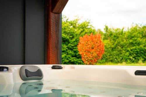 Jacuzzi avec vue sur un jardin luxuriant et arbuste aux fleurs oranges à la Maison Accolade, Châteaudun