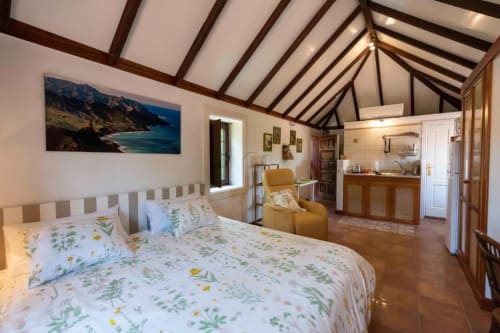 Luminoso apartamento estudio en Haller Homes, Islas Canarias, con cama, cocina y obra de arte costera