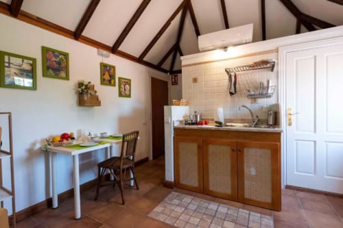 Cocina y comedor del apartamento estudio Haller Homes en Canarias con muebles de madera y mesa de comedor compacta