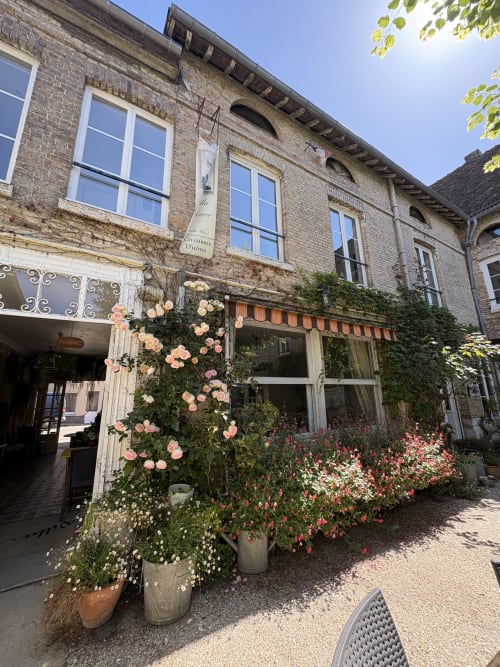 Cour de la Villa Aliénor aux Andelys avec roses en fleur et plantes grimpantes sur façade en pierre