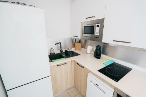 Modern kitchenette in La Perle Fleur d'Épée apartment with induction cooktop, microwave, and sink in Le Gosier, Guadeloupe