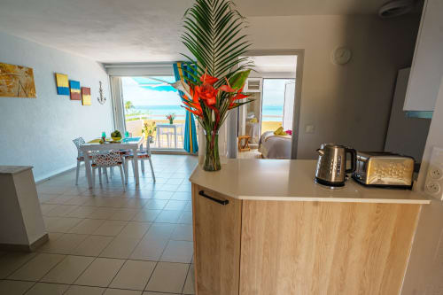 Modern kitchen with sea view, dining area, and tropical flowers in La Perle Fleur D'epée apartment, Le Gosier
