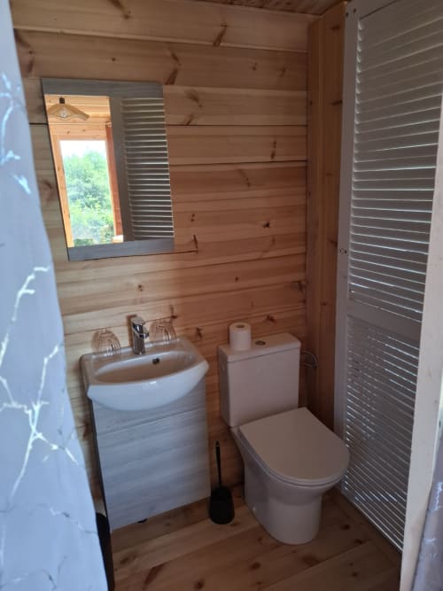 Cèdre Bleu bathroom at La Maison de Dun B&B in Saint Racho with wooden walls, sink, toilet, and window view
