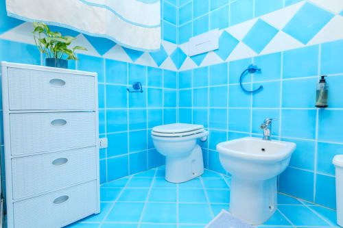 Bagno rivestito in piastrelle blu brillante con lavabo bianco su piedistallo, WC, mobile contenitore e decorativa ghirlanda decorativa al soffitto di Poggio dei