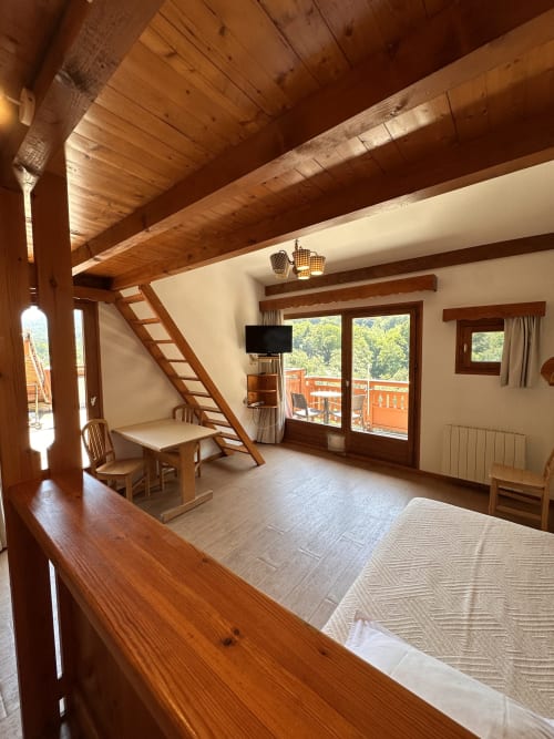 Studio mezzanine avec poutres en bois, vue sur les montagnes, kitchenette et équipements modernes à l'Hôtel Studios La Rochetaillée