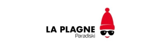 Logo La Plagne Paradiski avec bonnet rouge d'hiver et lunettes de soleil pour la station de ski L'Alp'In en Tarentaise