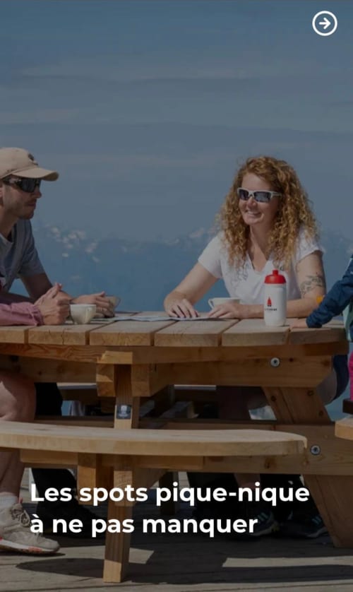Des clients dégustent un repas en plein air à la table de pique-nique du gîte L'Alp'In, avec vue panoramique sur la vallée alpine de La Plagne