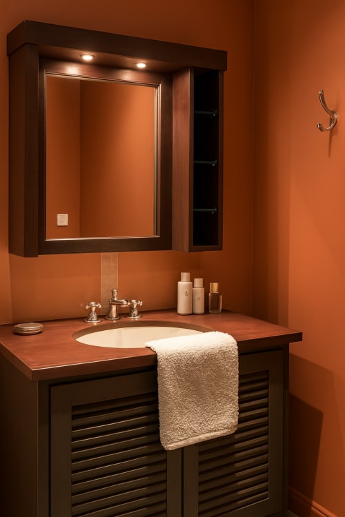 Salle de bains élégante aux murs orange chaleureux, meuble vasque en bois foncé, lavabo rond et miroir éclairant chez Maunoury Citybreak
