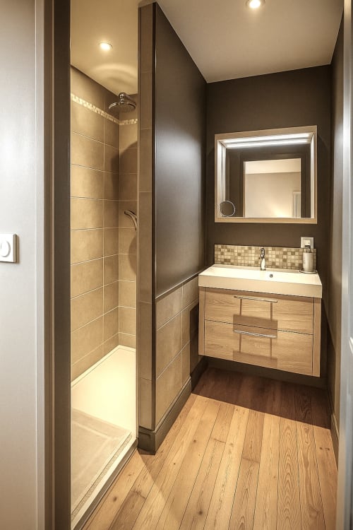 Salle de bain moderne dans un appartement à Chartres avec meuble vasque en bois, miroir rétroéclairé, douche à l'italienne et accents carrelés