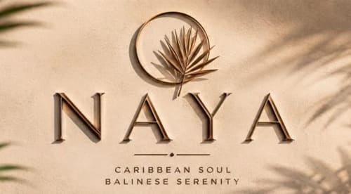 Logo de la villa NAYA avec feuille de palmier tropicale, âme caribéenne et sérénité balinaise pour Les Balcons D'Oyster Pond
