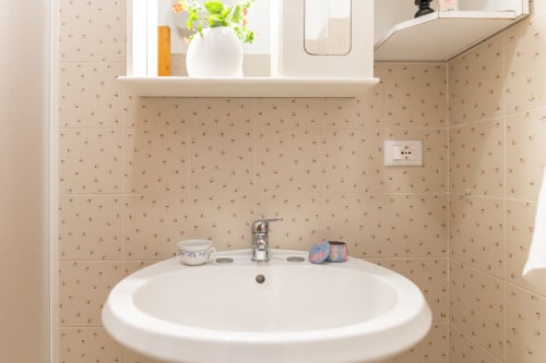 Moderno lavabo da bagno con piastrelle beige decorate, bacinella bianca arrotondata, rubinetto cromato e mensola con pianta in vaso