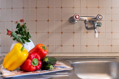 Lavello moderno della cucina con peperoni freschi e fiori nell'appartamento Il Porticciolo Vacanze a Villanova