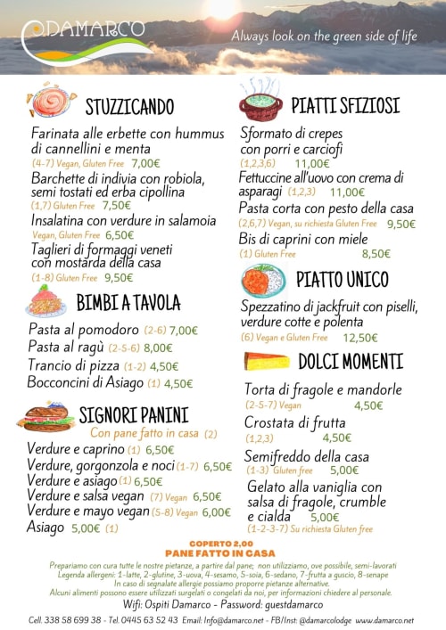 Damarco vegetarian restaurant menu in Schio featuring appetizers, pasta dishes, and desserts with vegan and gluten-free