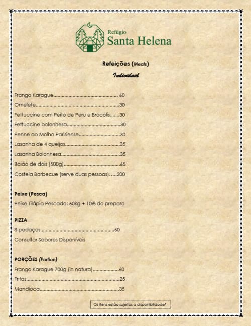 Refugio Santa Helena menu featuring individual meals, fish, pizza, and portions in Salesopolis, Brazil