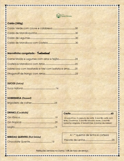 Refugio Santa Helena menu featuring caldos, marmitinha dishes, juices, desserts, cocktails and hot drinks in Salesopolis