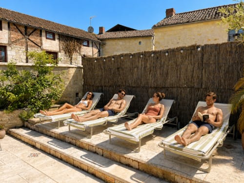 Quatre clients se détendent sur des transats dans la cour ensoleillée du gîte Le Clos Divin à Doué-la-Fontaine, France