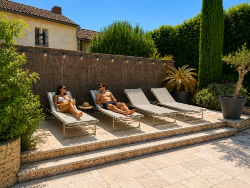 Deux clients se détendent sur des chaises longues à la terrasse privée du gîte Maison Azur à Doué-la-Fontaine, France