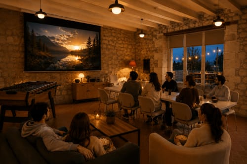 Groupe réuni au salon de la Maison Azur du Clos Divin, aux murs de pierre, cheminée et vues nocturnes