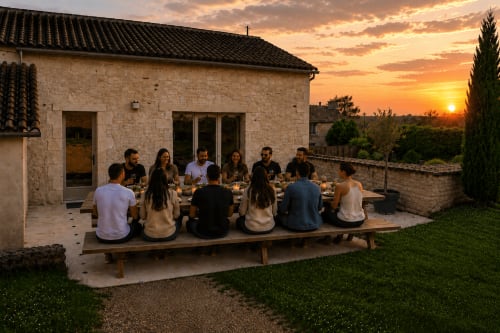 Dîner en groupe au coucher de soleil sur la terrasse en pierre du Clos Divin, Doué-la-Fontaine