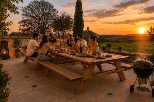 Dîner en groupe au coucher de soleil sur la terrasse du gîte Le Clos Divin, avec table en bois, barbecue et vue sur la campagne.