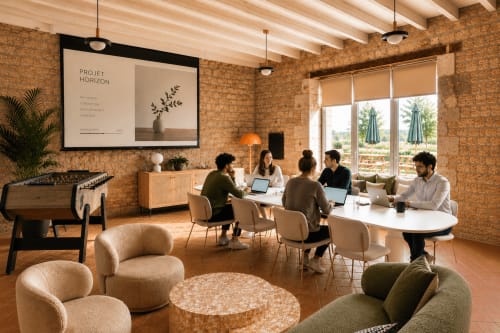 Espace de travail cottage moderne au Clos Divin avec réunion d'équipe, murs en briques, lumière naturelle et vue sur la piscine.