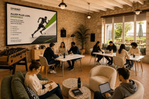 Espace de coworking moderne au Clos Divin avec des clients travaillant aux tables, coin détente et présentation sur la performance sportive